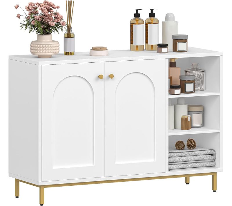 Meuble De Salle De Bain, Placard Rangement Avec 2 Portes, Compartiment Ouvert, Blanc-or