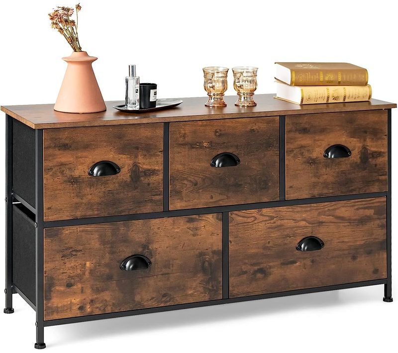 Commode Meuble De Rangement Avec 5 Tiroirs Non-tissés 100 X 30 X 54 Cm Marron Rustiqueetnoir