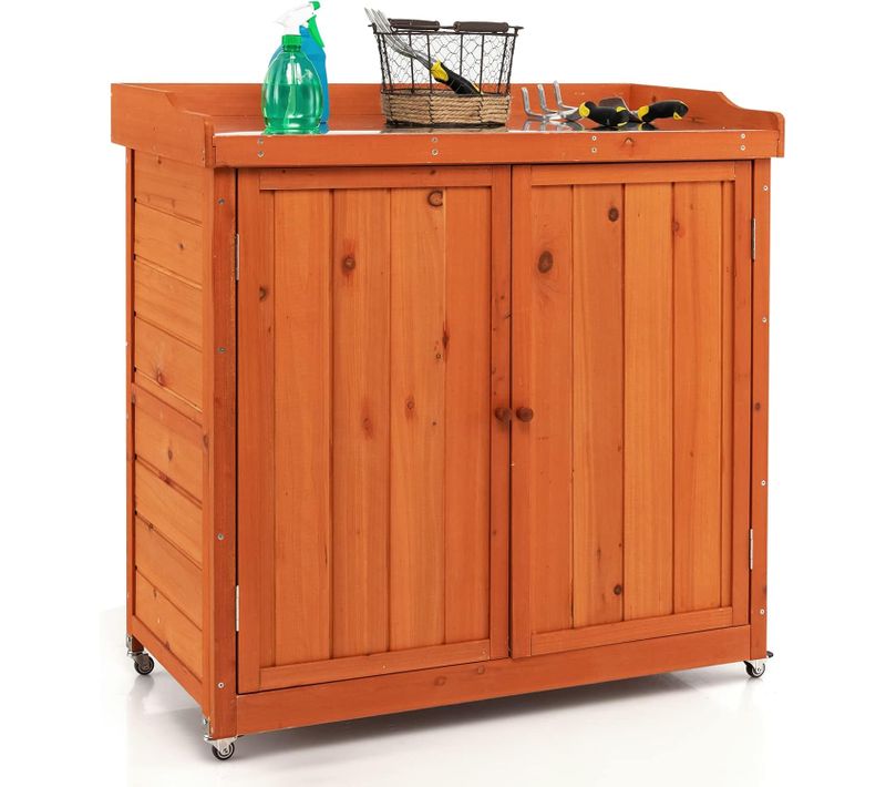 Armoire De Jardin En Bois Extérieur 2 En 1, Table De Jardinage Avec Porte