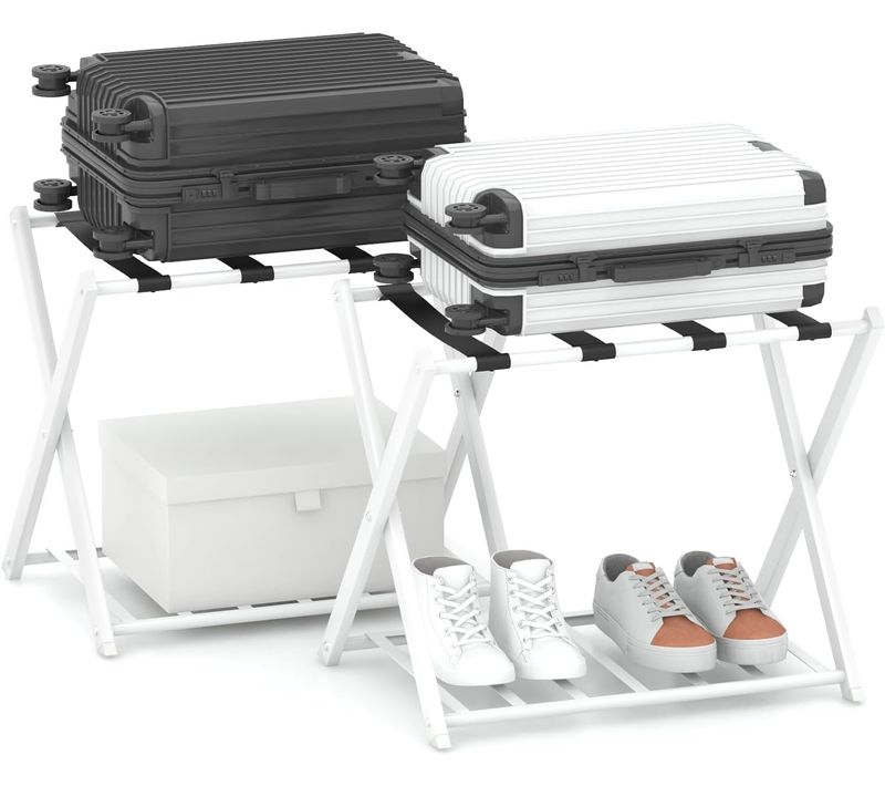 Lot De 2 Porte-valises Pliants, Porte-bagages Avec 2 Étagères, Charge Total 60 Kg, Blanc