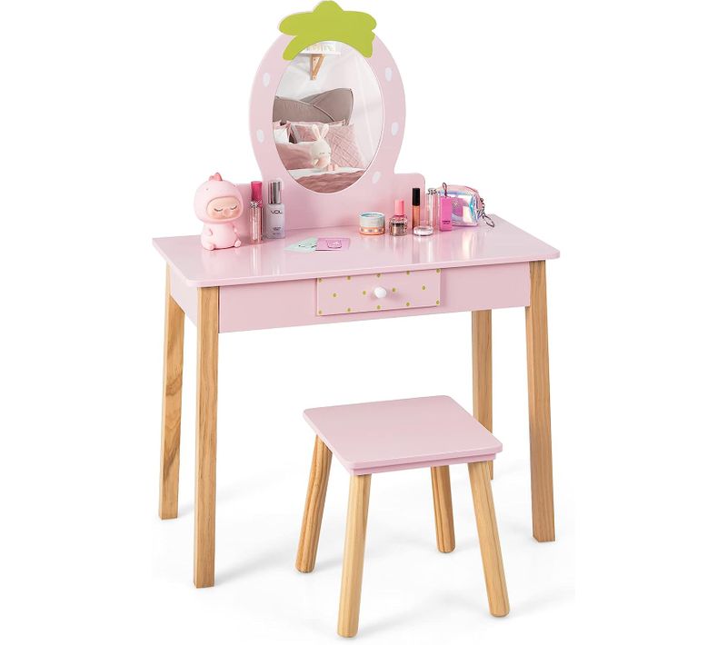 Coiffeuse Enfant Fille Avec Miroir Amovible 2 En 1 Avec Tabouret, Tiroir Et Peigne, En Mdf, Rose