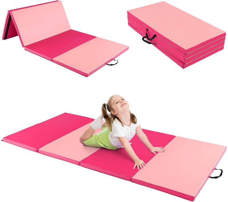 Tapis De Gymnastique Epais 240x116x5cm, Matelas D'entrainement Pliable En Mousse, Rose Foncé