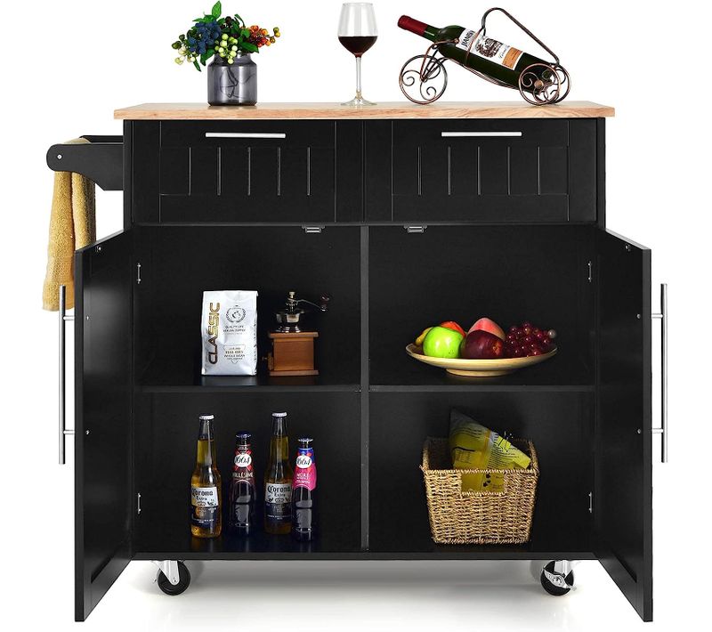 Dessertes Îlot Central Cuisine Avec Table 4 Roues, Desserte Avec 2 Tiroirs 94x41x94cm
