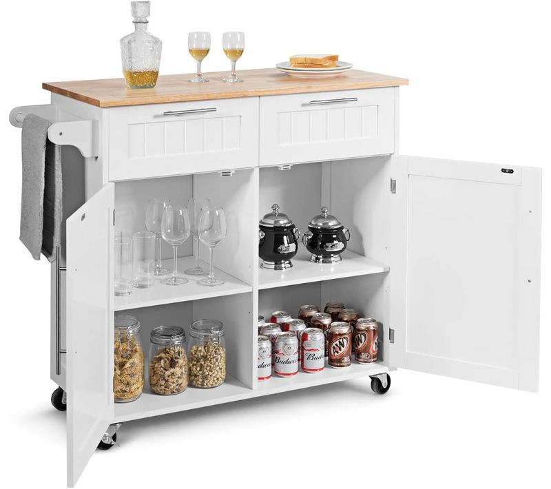 Dessertes Îlot Central Cuisine Avec Table 4 Roues , Desserte Avec 2 Tiroirs 94x41x94cm, Blanc