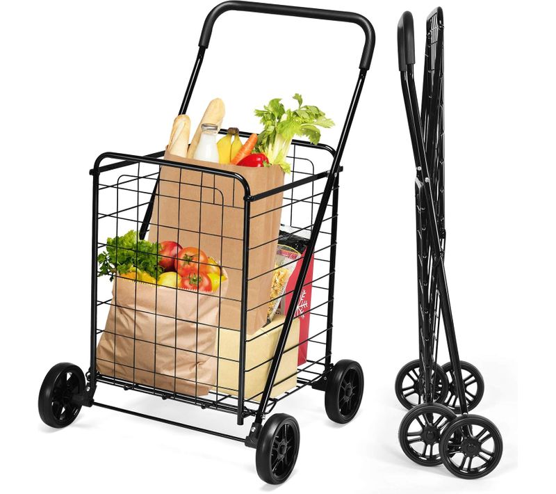 Chariot De Courses 4 Roues Avec Structure En Métal Anti-rouille, Caddie De Courses Charge 35kg