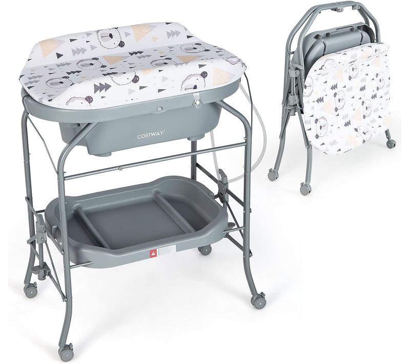 Table à Langer 2 En 1 Avec Baignoire 20l Plateau De Rangement, Charge 35kg, Gris