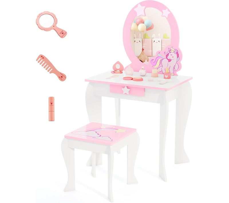 Coiffeuse Pour Enfant Table De Maquillage Avec Tabouret, Miroir Détachable Et 1 Tiroir Blanc
