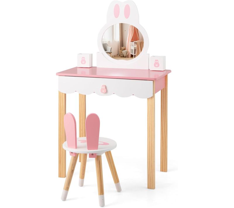 Coiffeuse Pour Enfants 2 En 1 Avec Miroir Amovible Et Tabouret Tiroirs Boîte De Rangement,Rose