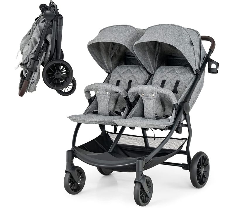 Poussette Canne Double Côte à Côte, Dossier Et Auvent Réglables, Pliable Une Main, 0-3 Ans