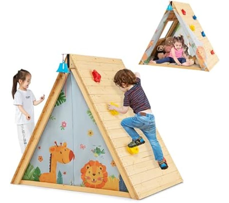 Cabane De Jardin Enfants Avec Mur D'escalade, Maison De Jeu 2 En 1 Avec Cloche Charge 30kg Naturel
