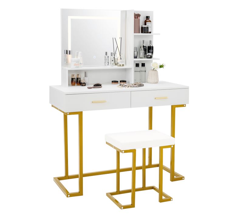 Coiffeuse Avec Miroir Lumineux Et Tabouret, Table De Maquillage Luminosité Réglable (blanc+doré)