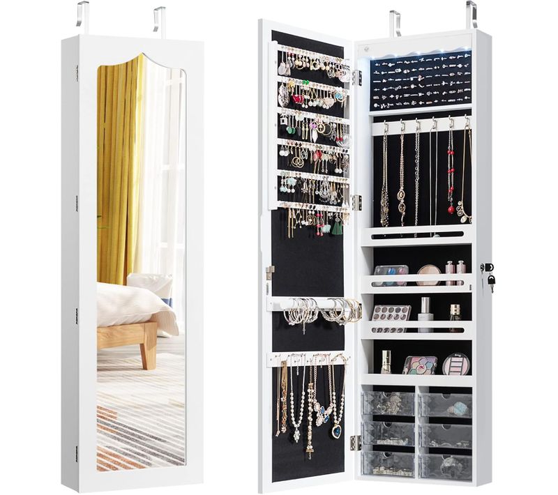 Armoire à Bijoux Murale LED Miroir,6 Tiroirs Hauteur Du Crochet Ajustable 120x36,5x11,5cm Blanc