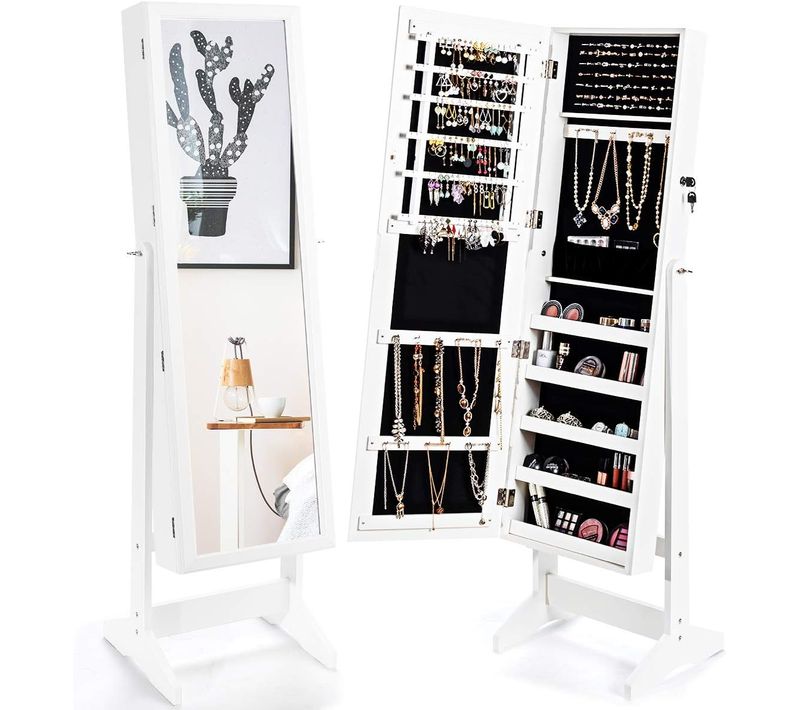 Armoire à Bijoux Sur Pied Avec Miroir Psyché Inclinable à 4 Angles, Rangement Et Présentoir Blanc