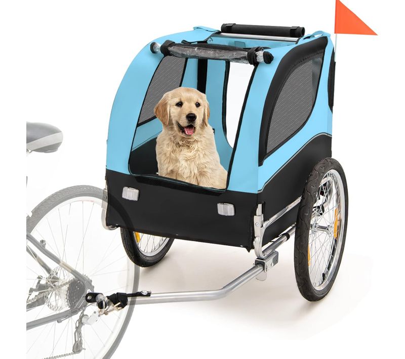 Remorque Velo Pliable Pour Chien Animaux En Oxford Canvas, Poussette De Transport Chien, Bleu