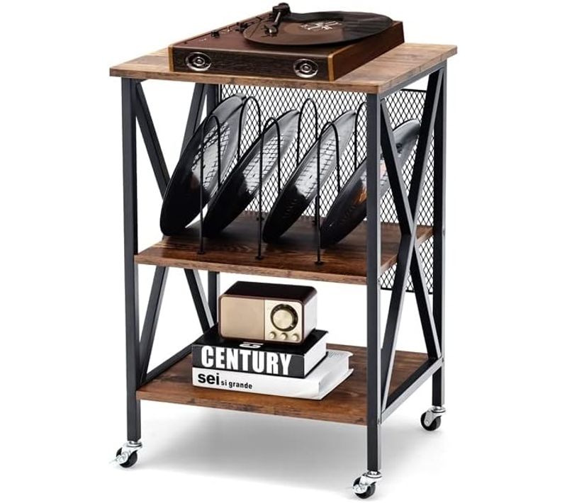 Desserte à Roulettes Avec Support De Tourne-disque Pour 250 Albums, Étagère De Rangement, 52x45x75cm