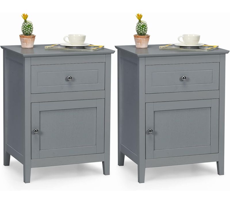 Lot De 2 Table De Chevet Avec Tiroir, Table De Nuit Avec Placard Et Pieds En Bois Massif (gris)