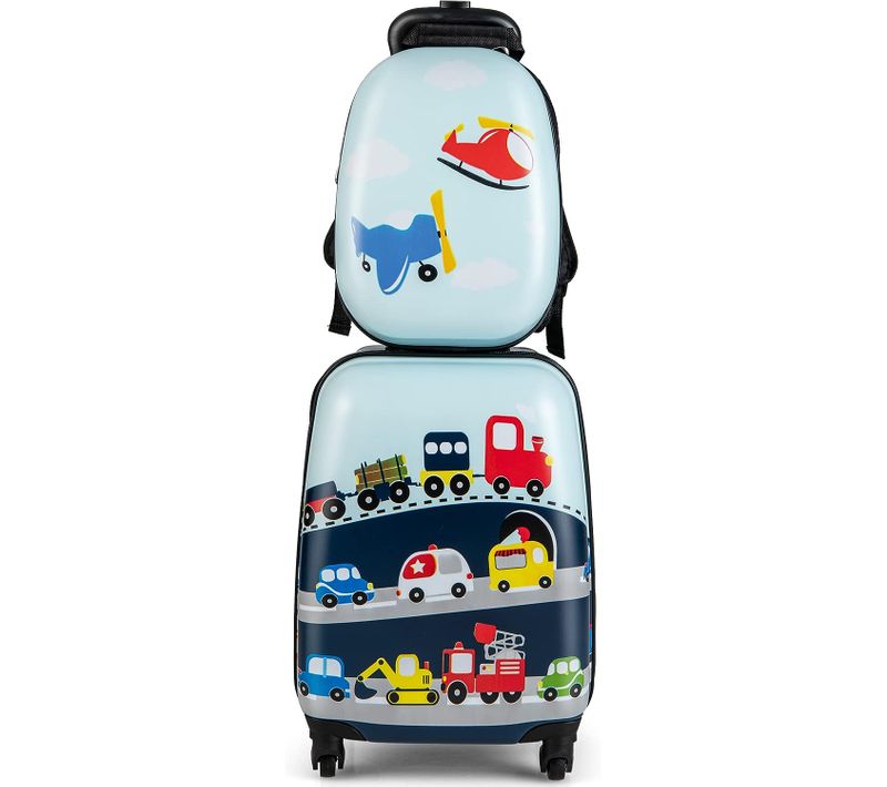 Valise Enfant à Roulettes 16" + Sac à Dos 12", Ensemble De Bagage Enfants, Voyages En Avion, Bleu