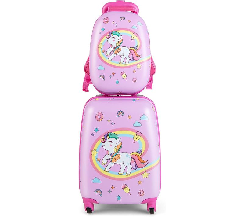 Valise Enfant à Roulettes 16" + Sac à Dos 12", Ensemble De Bagage Enfants Pour Voyages, Rose
