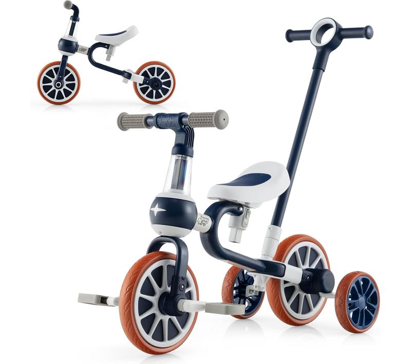 5 En 1 Tricycle Bébé Evolutif Avec Putter Parentale, Siège Réglable, Guidon Réversible (marine)