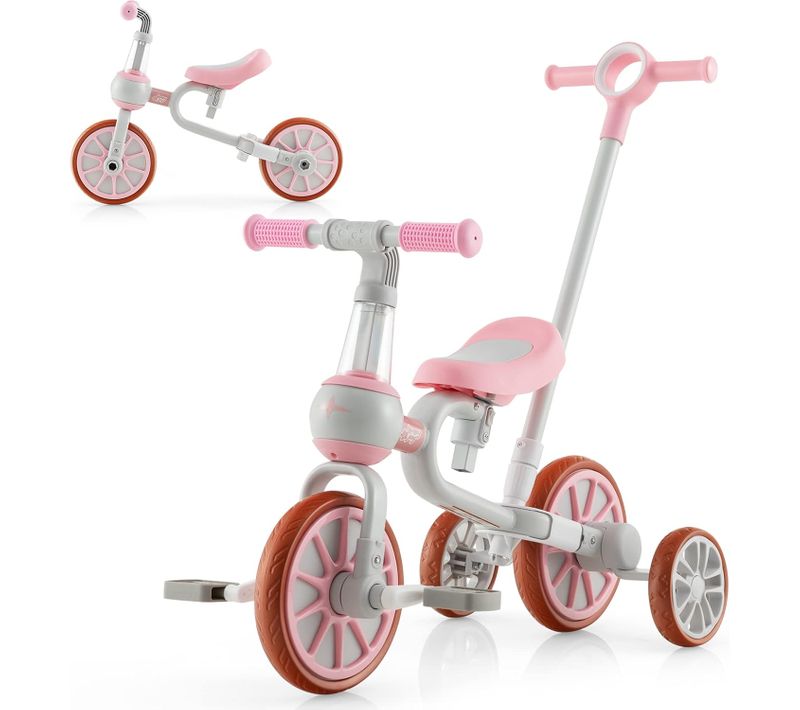 5 En 1 Tricycle Bébé Evolutif Avec Putter Parentale, Siège Réglable, Guidon Réversible (rose)