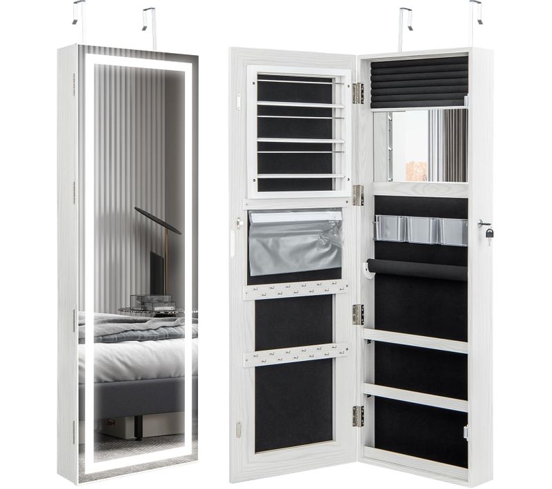 Armoire à Bijoux Avec Bandeau Lumineux LED Et Écran Tactile, Organisateur Verrouillable Blanc