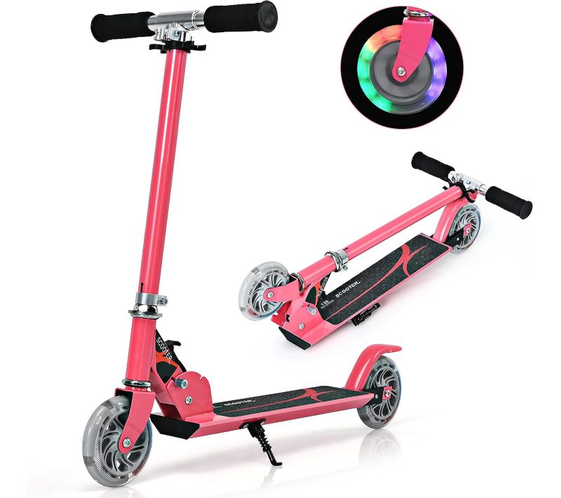 Trottinette Enfant 2 Roues Patinette Enfant Pliable Scooter Enfant Kick Avec LED Lumière-rose