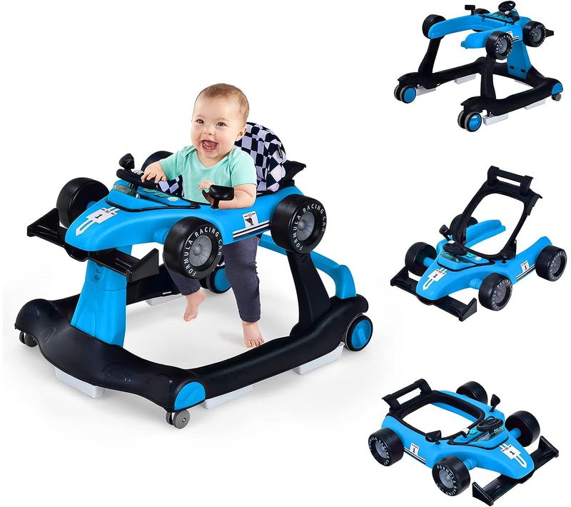 Trotteur Bébé Pliable 4 En 1 Avec Hauteur Et Vitesse Réglables/pousseur Et Marchette Evolutif Bleu