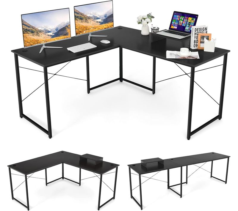 Bureau D'angle En L Réversible Avec Support - 150 X 150 X 74 Cm - Noir