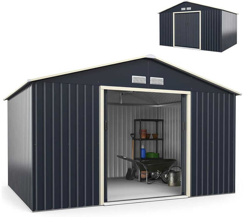 Abri De Jardin En Métal-8,7㎡-2 Portes Coulissantes Verrouillables 340 X 255 X 210 Cm-gris