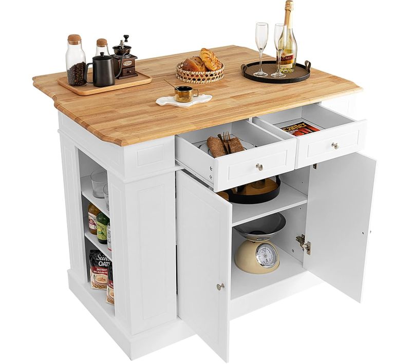 Ilot Central Cuisine Comptoir En Bois Et Étagères Réglables à 3 Niveaux, Avec Tiroirs,120x61x92cm