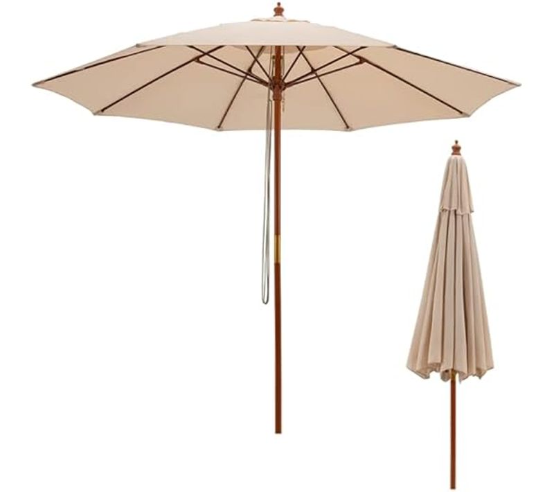 Parasol De Jardin Pliable 2,9m Avec Mécanisme De Poulie à Corde Poteau En Bois, Beige
