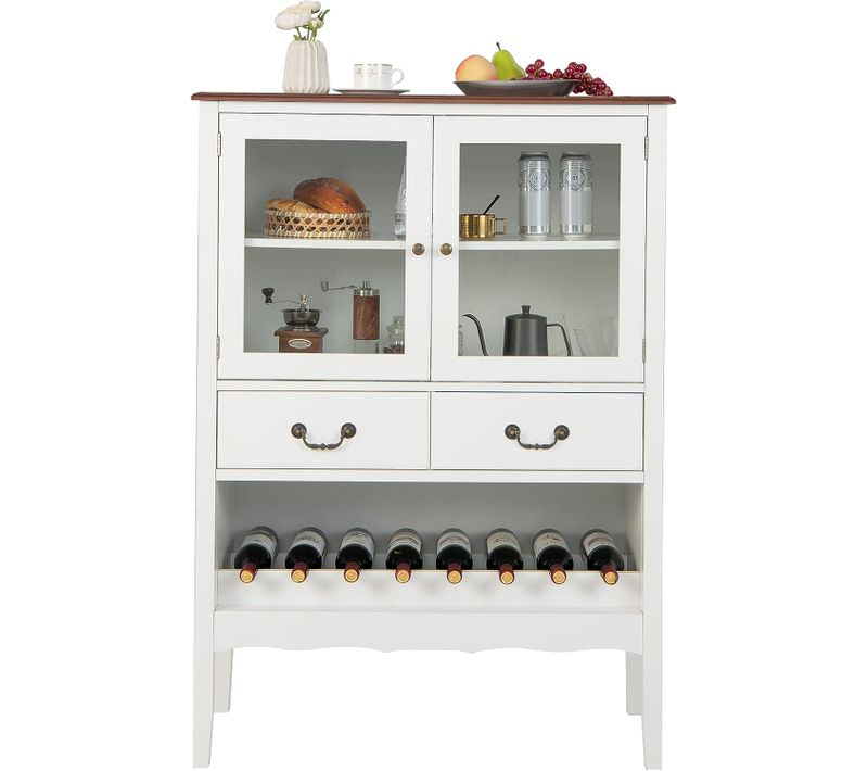 Buffet De Cuisine à 2 Portes Vitrées Avec 2 Tiroirs Porte-bouteilles