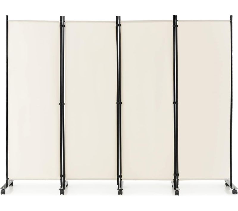 Paravent à Roulette 4 Panneaux Pliable, Brise-vue, Cloison De Séparation Pièce, 225 X 173 Cm Blanc