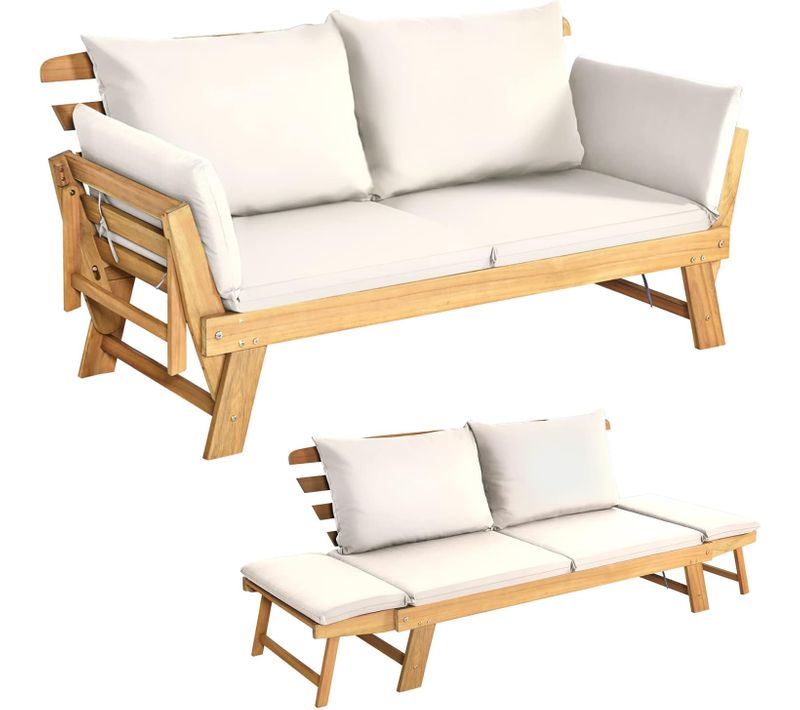 Canapé De Jardin En Bois D'acacia Certifié Fsc Convertible Avec Coussin 198 X 75 X 75 Cm, Blanc