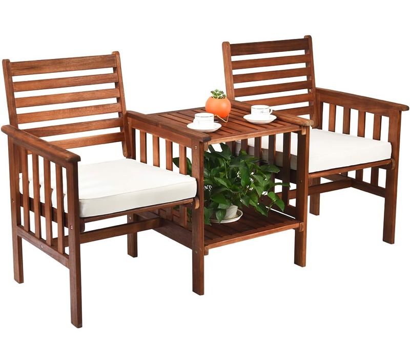 Salon De Jardin En En Bois, Charge 160kg, 2 Places Et Table Extérieur Avec Trou De Parasol De 5cm