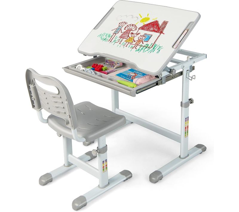 Bureau Pour Enfant, Hauteur Réglable, Inclinable 0-45°, Ensemble Table Et Chaise Avec Plateau, Tiro