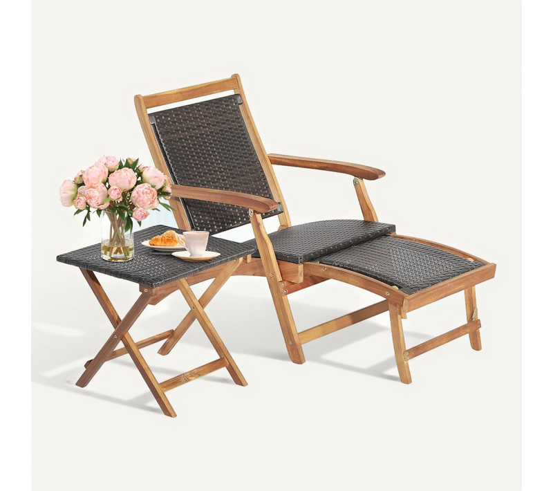 Chaise Longue En Rotin Et Bois D'acacia Certifié Fsc Avec Repose-pied Rétractable Charge 160kg