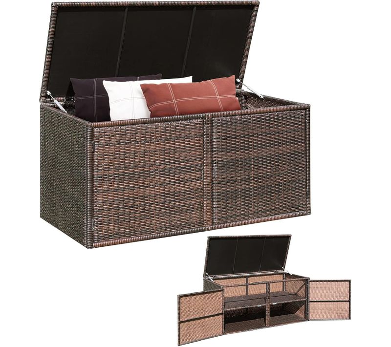 Coffre De Rangement Jardin 335l En Rotin Pe, Charge 120 Kg, Avec 2 Etagères 115 X 60 X 65 Cm Marron