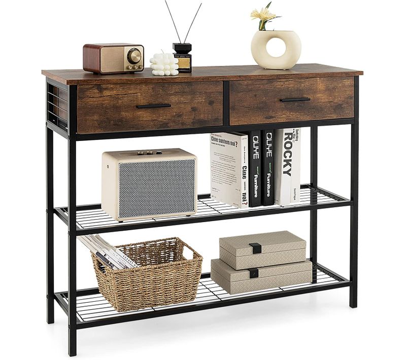 Table Console Industrielle à 3 Niveaux Avec 2 Tiroirs Pour Salon, Escalier (marron Rustique)