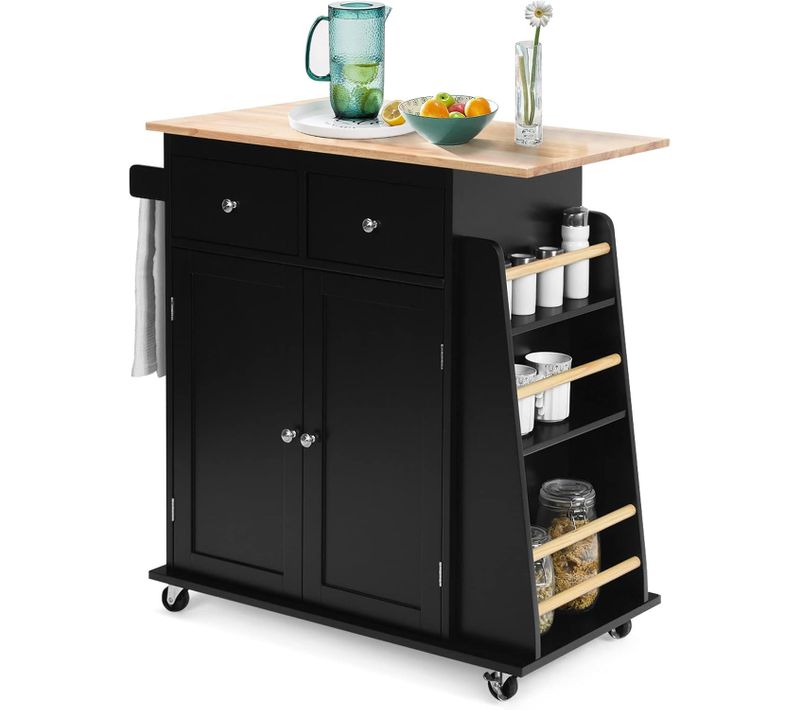 Desserte De Cuisine Sur Roulettes/chariot De Cuisine Plateau En Bois D'hévéa,88x46x90cm, Noir