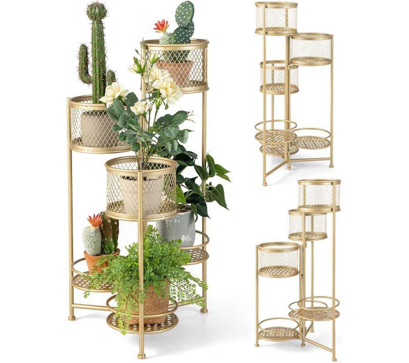 Support De Plantes 6 Niveaux Dorées Charge 10kg, Avec 3 Pots Et 3 Plateaux Ajourés 41 X 39 X 82 Cm