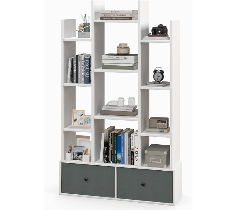 Bibliothèque à 12 Niveaux Avec 2 Tiroir Amovible, Étagère 12 Compartiments 81x24x132cm Blanc