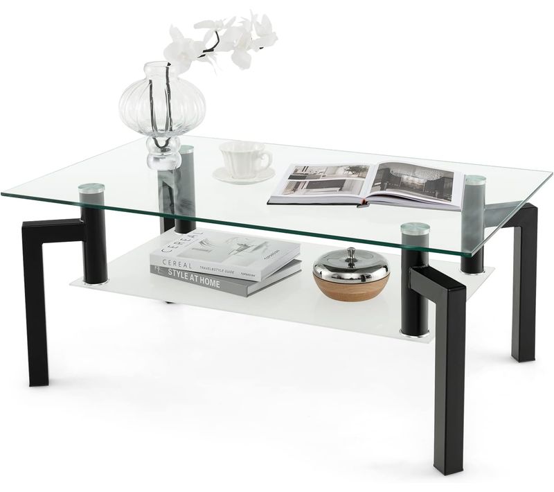 Table Basse En Verre Trempé à 2 Niveaux, Table Basse Salon à 4 Pieds En Fer, 100 X 60 X 43 Cm