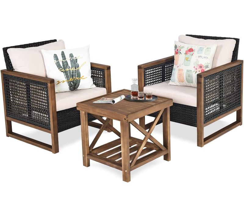 Ensemble Salon De Jardin En Bois, Rotin Artisanal Anti-soleil, Résistant Aux Intempéries