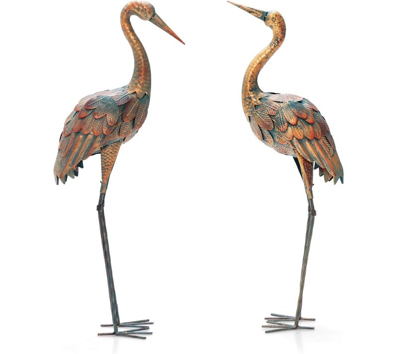 Statue De Grue Debout Lot De 2 Pour Jardin Cadre En Métal Imperméable, Plumes Dégradée
