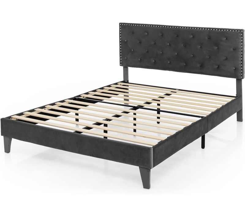 Lit Double Avec Tête De Lit 180x200 Cm, Cadre De Lit Plateforme Tapissé, Charge 450kg, Gris