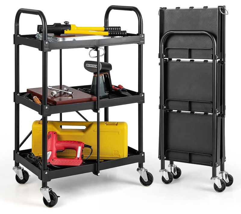Chariot à Outils Pliant à 3 Niveaux Avec Roues Universelles 4 Rainures Charge 45 Kg