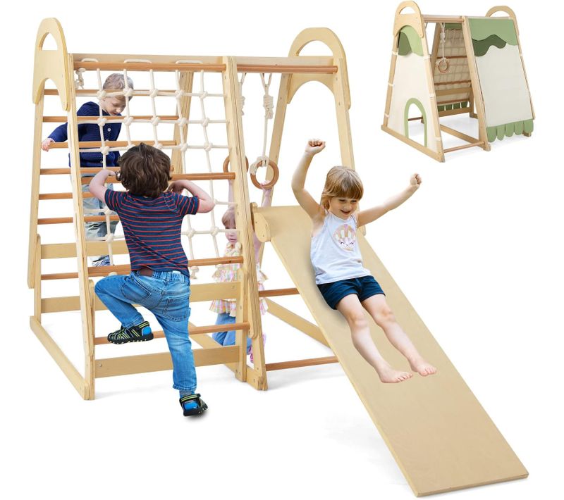 6 En 1aire De Jeux En Bois Enfants Avec Toboggan Réversible,charge 120kg,115x108x127cm