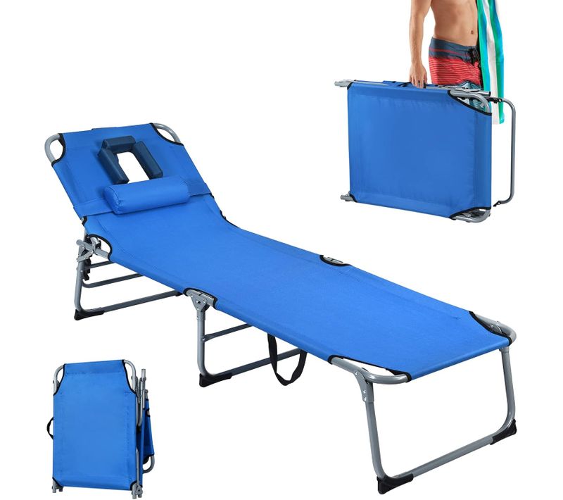 Chaise Longue Pliante Réglable à 5 Positions Avec Appuie-tête Cavité Faciale, Charge 150kg, Bleu