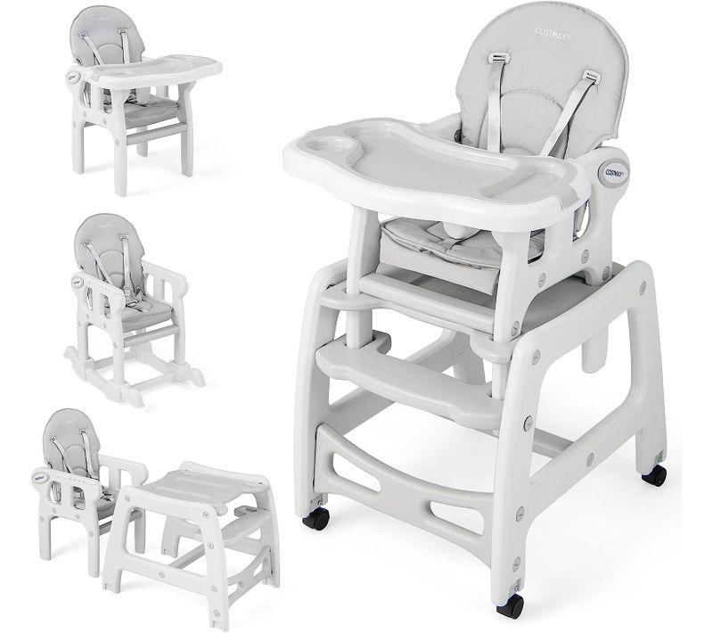 3 En 1 Chaise Haute Bébé Convertible Avec Plateau, Harnais 5 Points, Charge 20kg, 6-36 Mois Gris